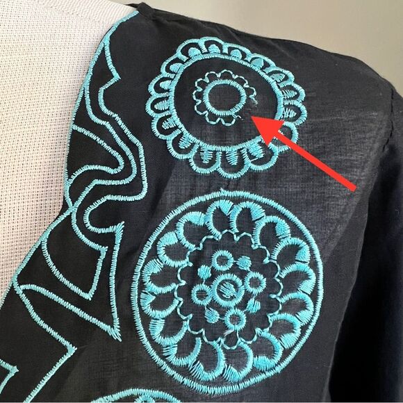 Saks Fifth Avenue Sz M Cotton Silk Embroidered Blouse Tunic Drawstring Black - Picture 5 of 12